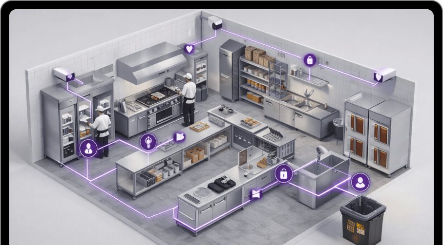 KitchenVuze dashboard on tablet showing real-time kitchen monitoring