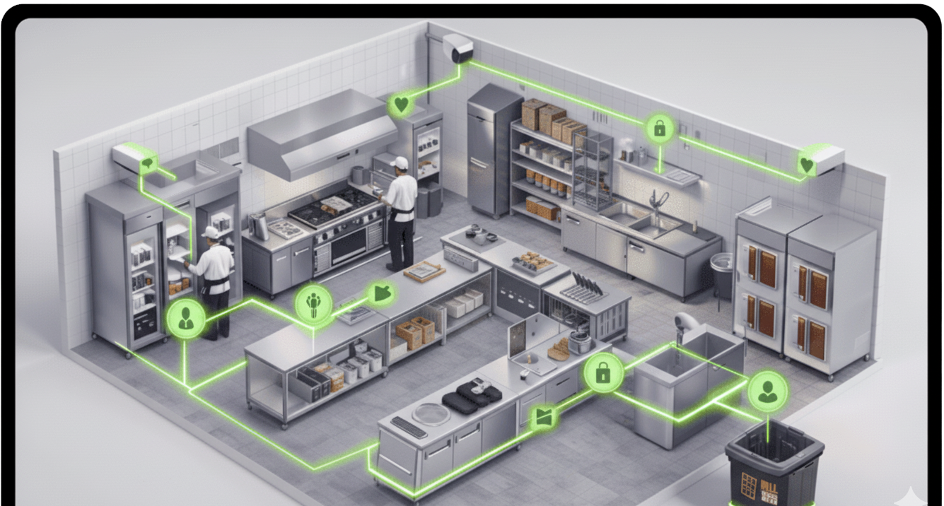 KitchenVuze dashboard on tablet showing real-time AI kitchen monitoring